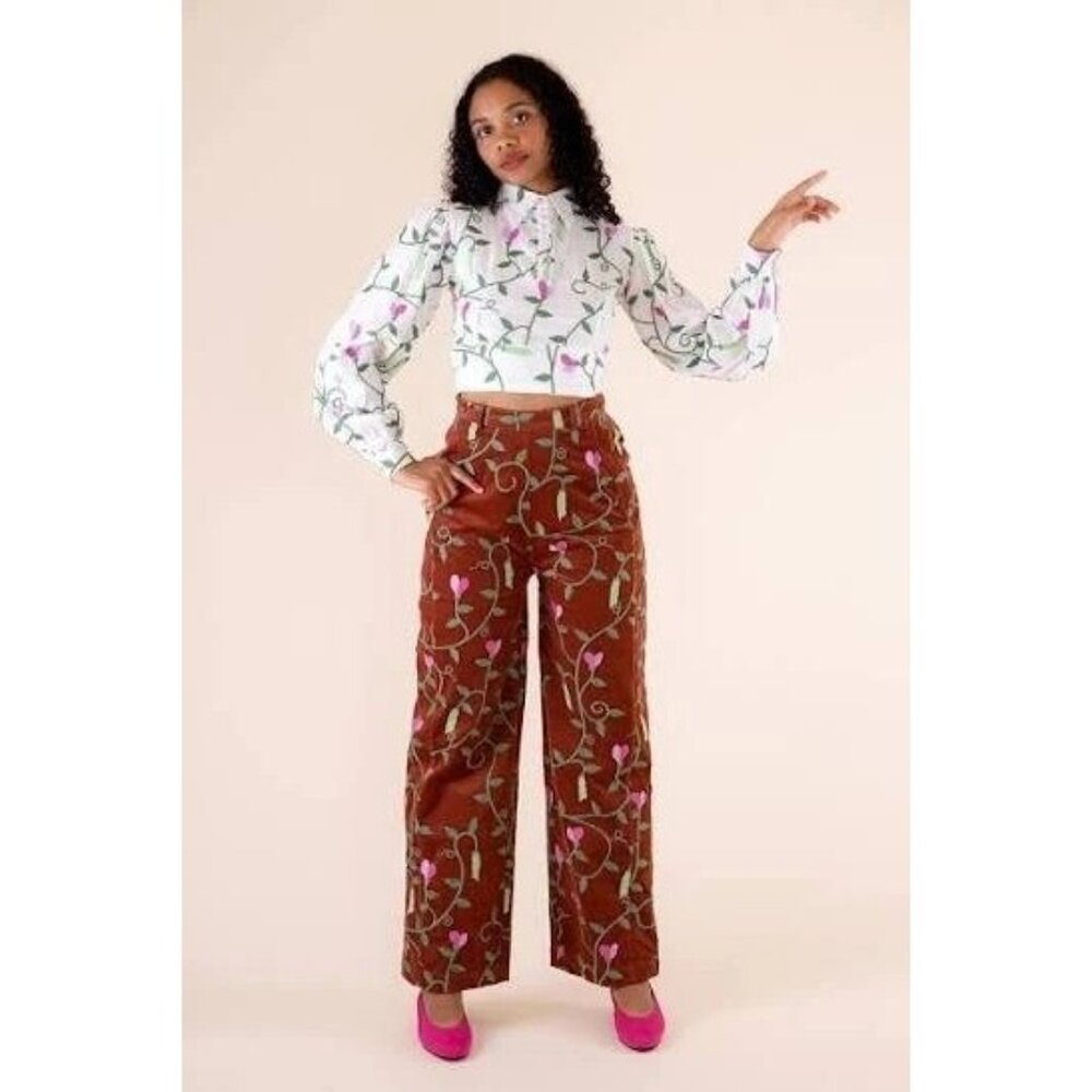 Samantha Pleet Sweet Pea Embroidered Plank Pants Wide Leg Sienna Brown Size 26/8